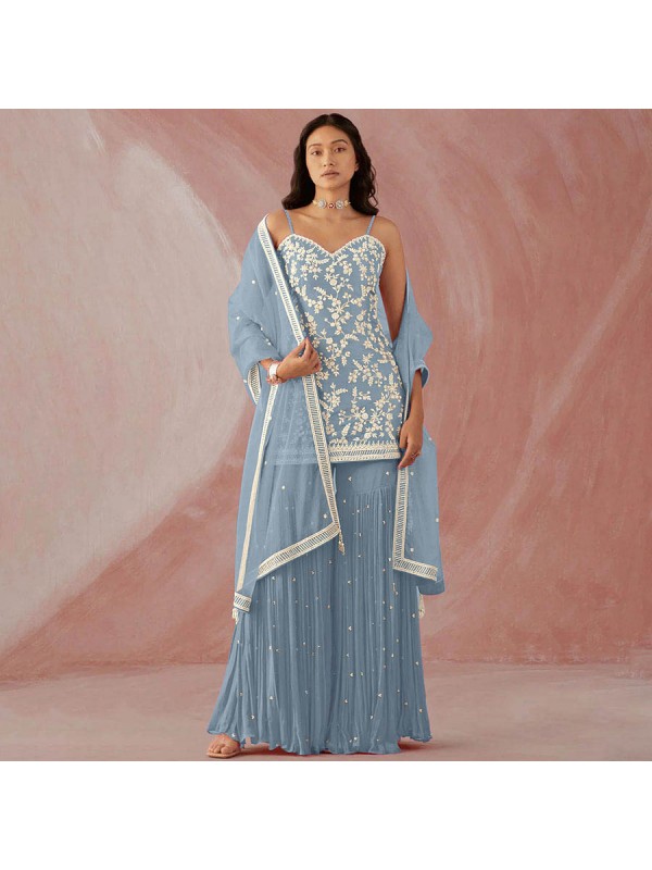 Sky Blue Faux Georgette Designer Sharara Suit